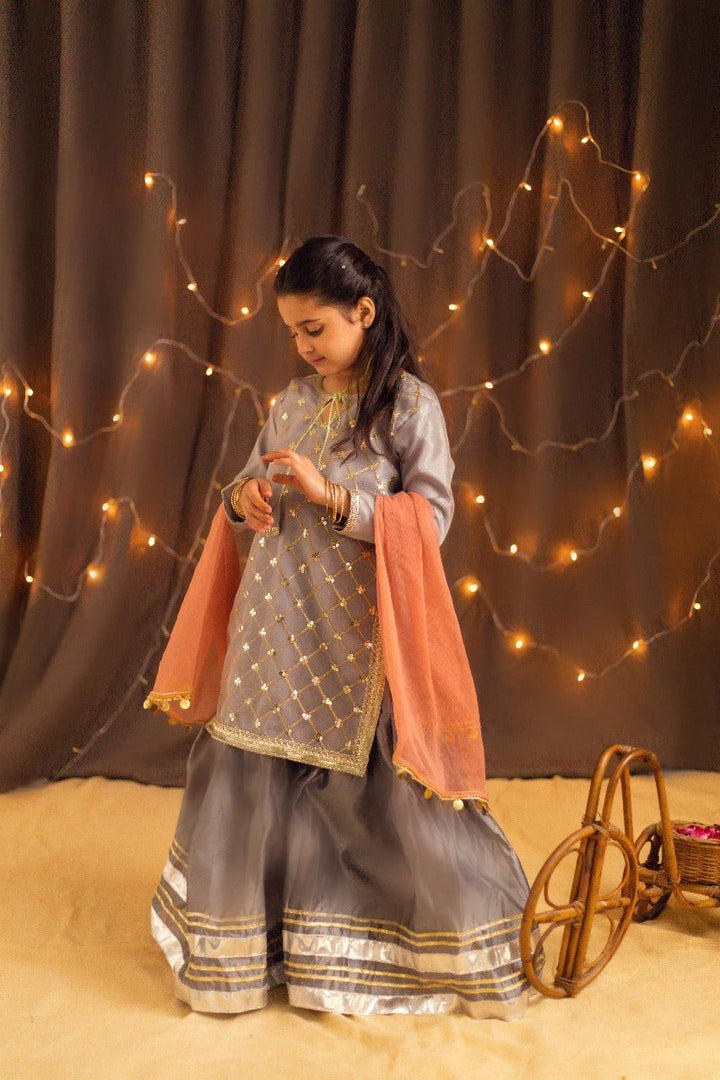 Kidoz Kloset - Grey Gold Grace Embroidered Gharara Set For Girl