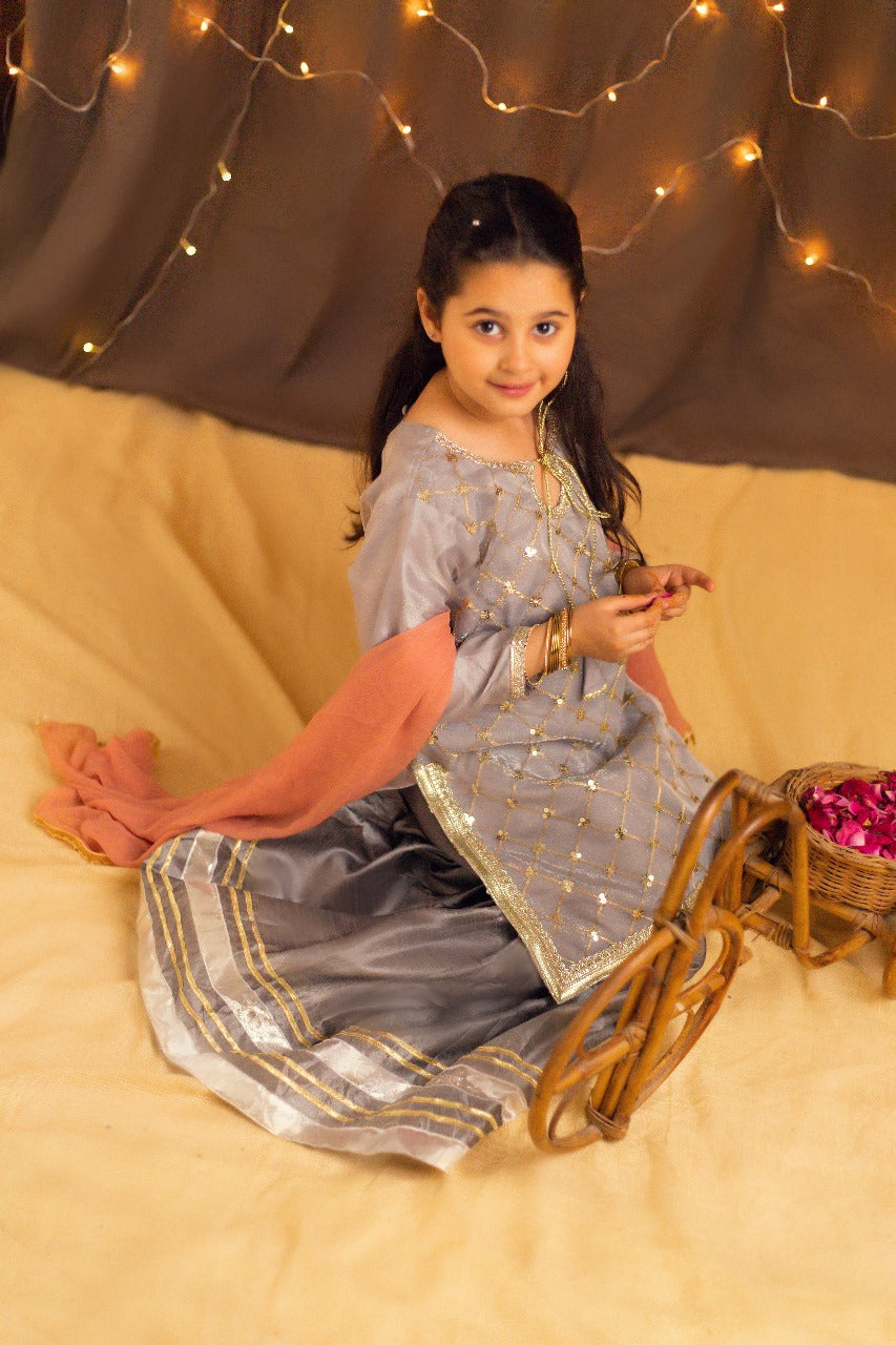 Kidoz Kloset - Grey Gold Grace Embroidered Gharara Set For Girl