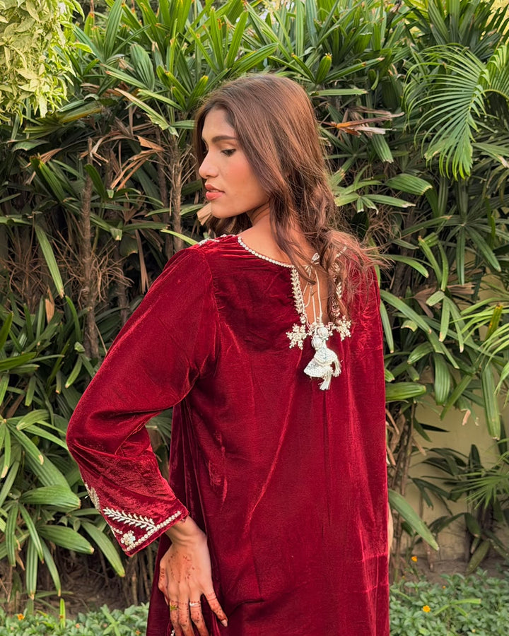 Ombrella Maroon Velvet 2 Piece Suit