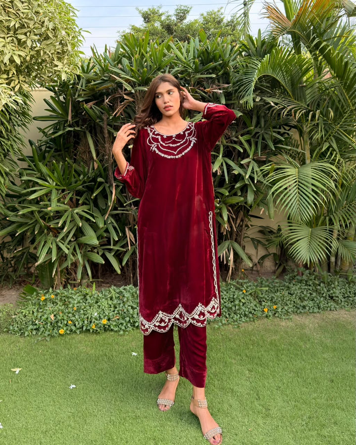Ombrella Maroon Velvet 2 Piece Suit