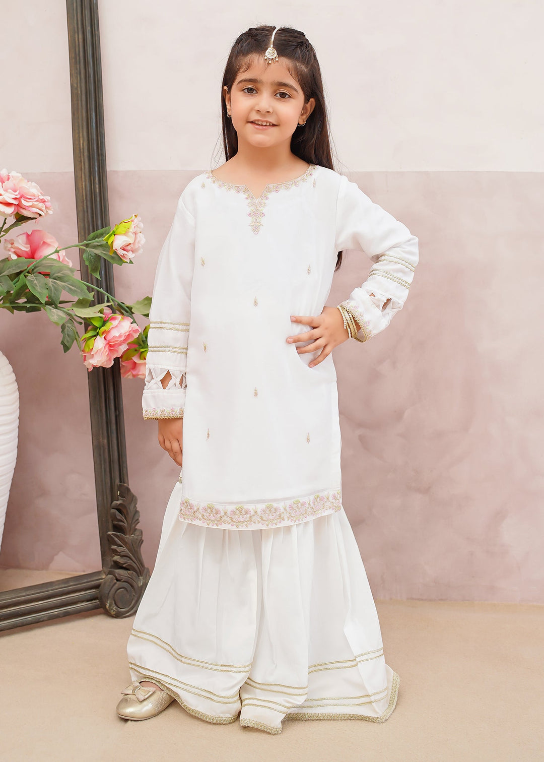 Modest - Chiffon Embroidered Gharara Suit For Girl - White - 3 Piece