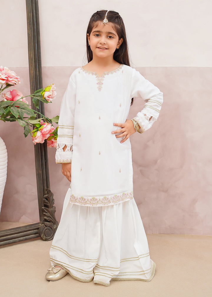 Modest - Chiffon Embroidered Gharara Suit For Girl - White - 3 Piece