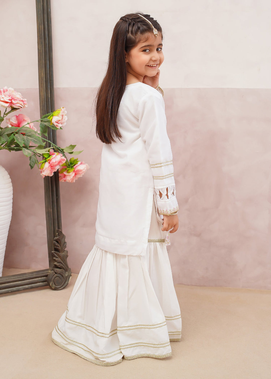 Modest - Chiffon Embroidered Gharara Suit For Girl - White - 3 Piece