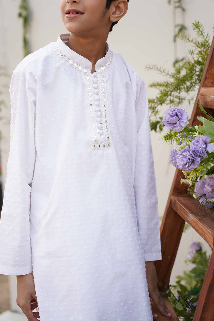 Hummingbirds - White Mirror embroidery Brosha Kurta For Boy