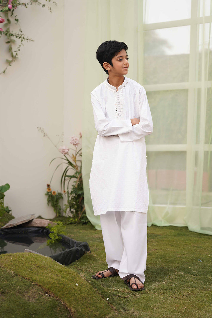 Hummingbirds - White Mirror embroidery Brosha Kurta For Boy