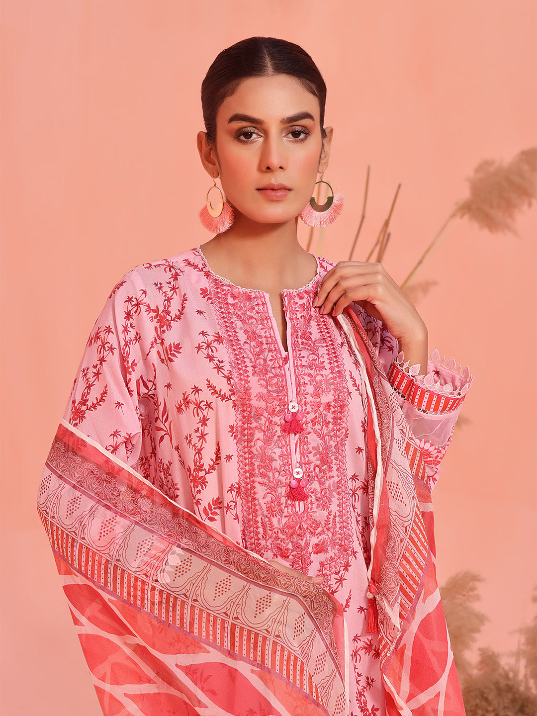 Oaks - Embroidered Pret Shirt Dupatta Lawn Pink & Maroon  - 2 Piece