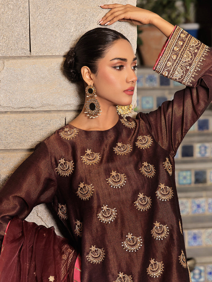 Oaks - Embroidered Suit Pret Masoori Maroon  - 3 Piece