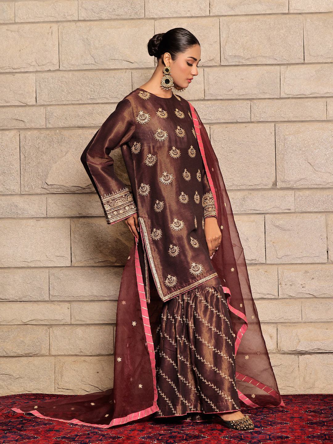Oaks - Embroidered Suit Pret Masoori Maroon  - 3 Piece