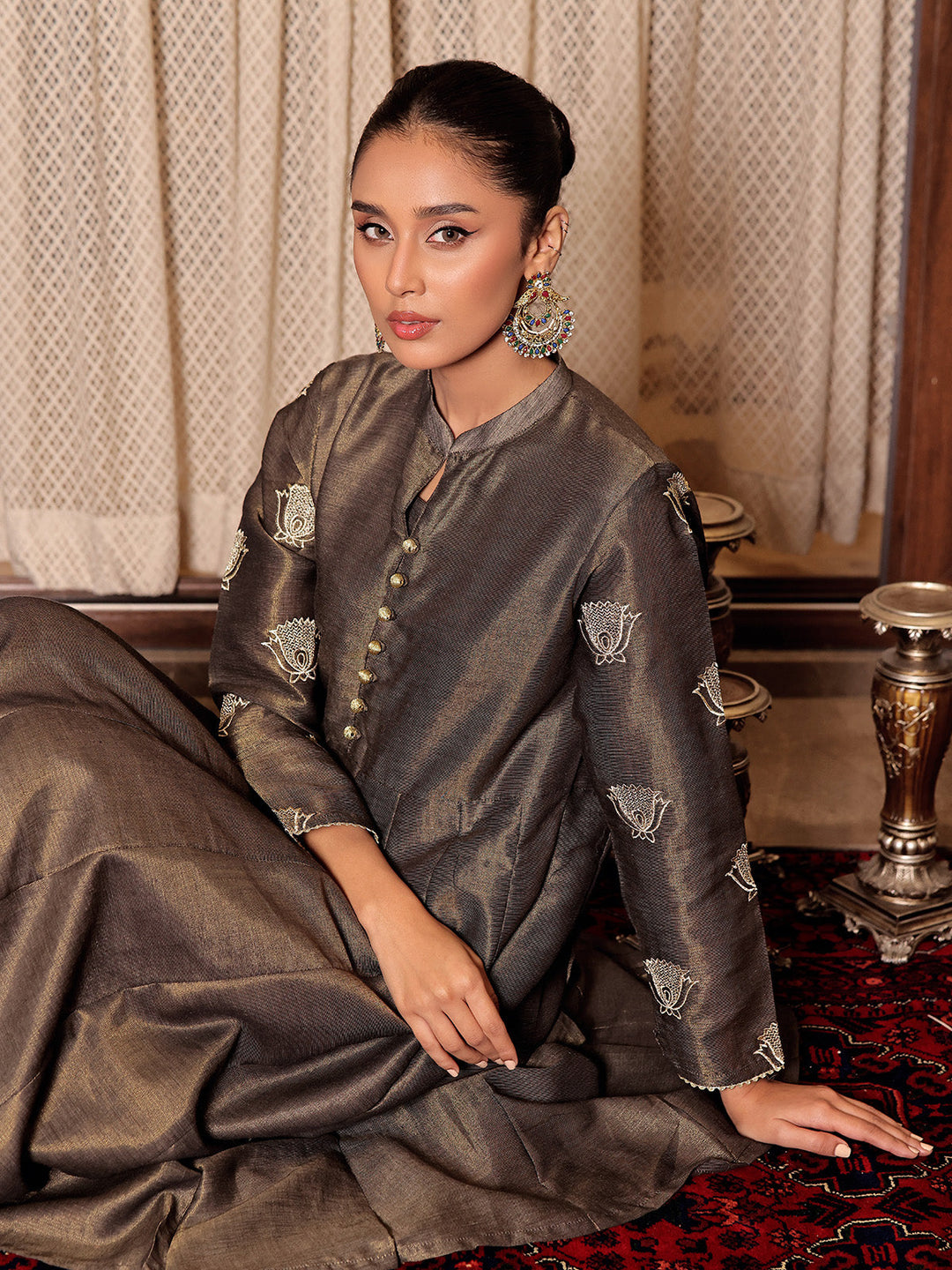 Oaks - Embroidered Pret Kurti Masoori Dark Grey  - 1 Piece