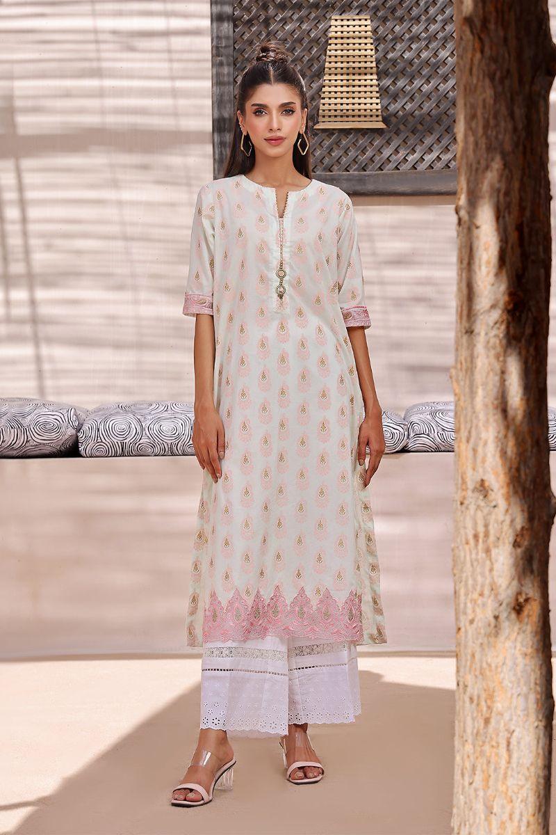 Oaks - Vanila Ice Lawn Embroidered Screen Printed Kurti - 1 Piece - Unstitched