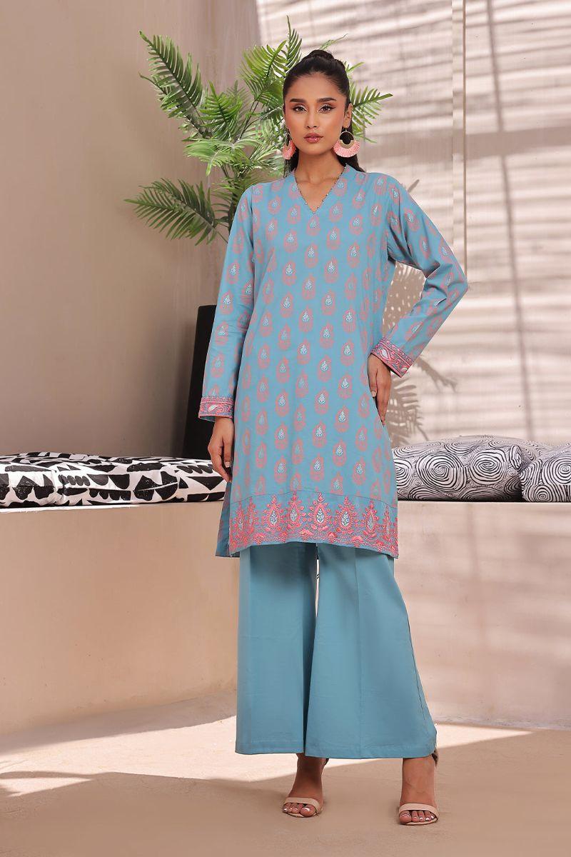 Oaks - Alaskan Blue Lawn Embroidered Screen Printed Kurti - 1 Piece - Unstitched