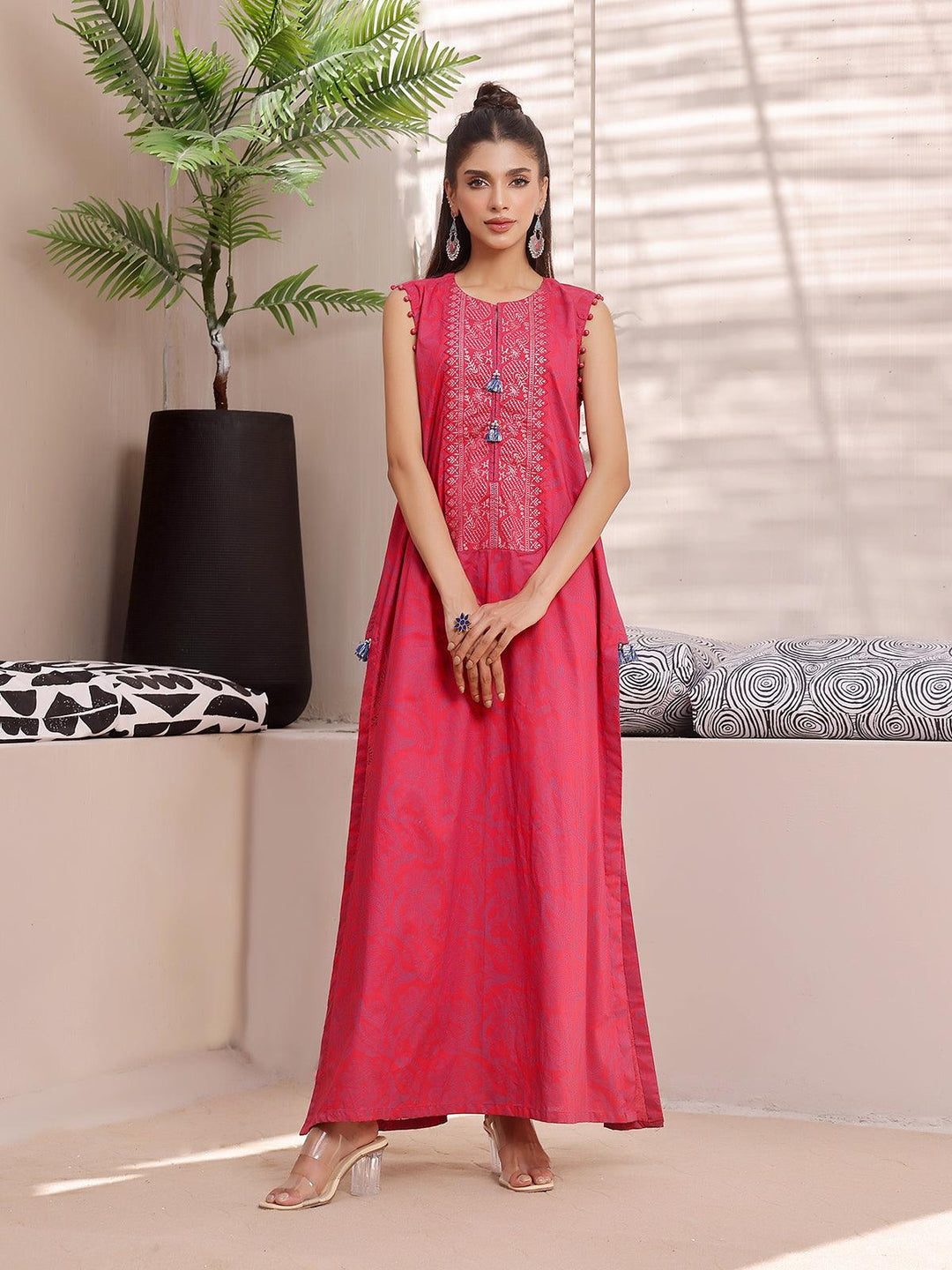Oaks - Barbados Cherry Lawn Screen Printed Kurti - 1 Piece - Unstitched