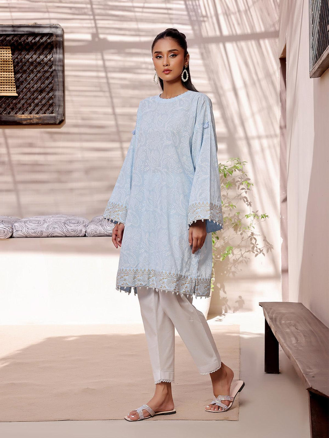 Oaks - Aqua Marine Lawn Screen Printed Kurti - 1 Piece - Unstitched