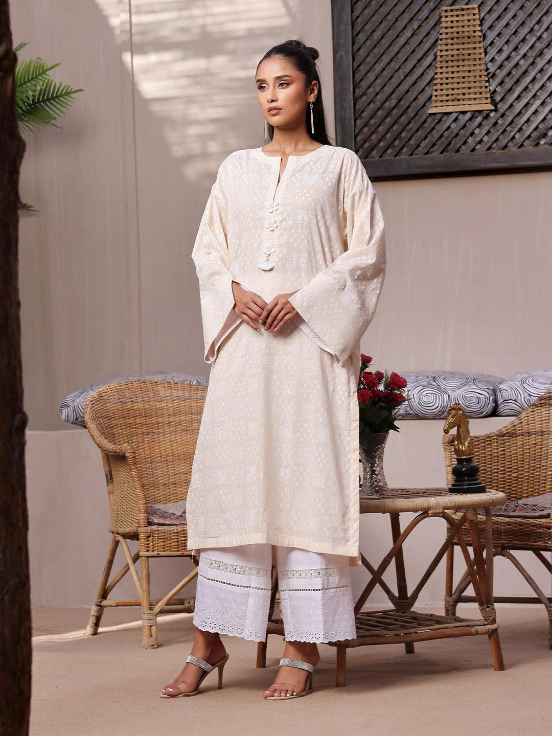 Oaks - Vanilla Cream Lawn Screen Printed Kurti - 1 Piece - Unstitched