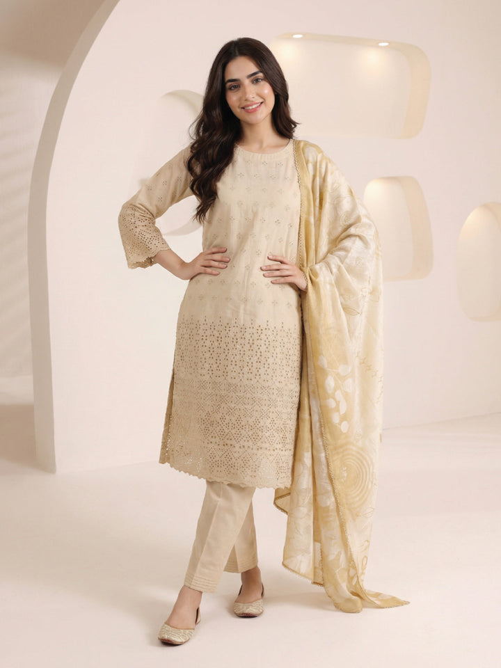Oaks - ChickenKaari Unstitch Suit For Women - Beige - 3 Piece - Studio by TCS