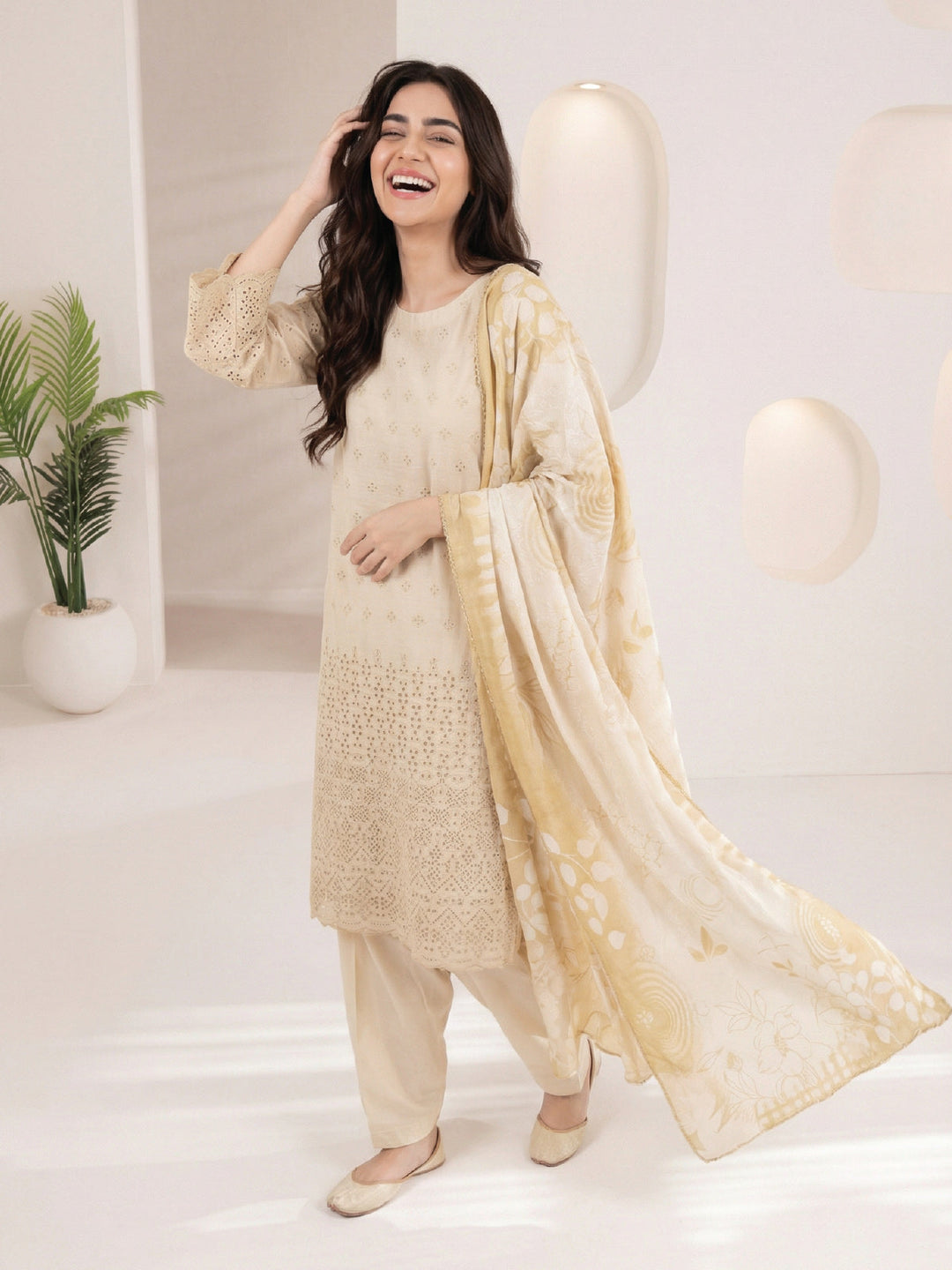 Oaks - ChickenKaari Unstitch Suit For Women - Beige - 3 Piece - Studio by TCS
