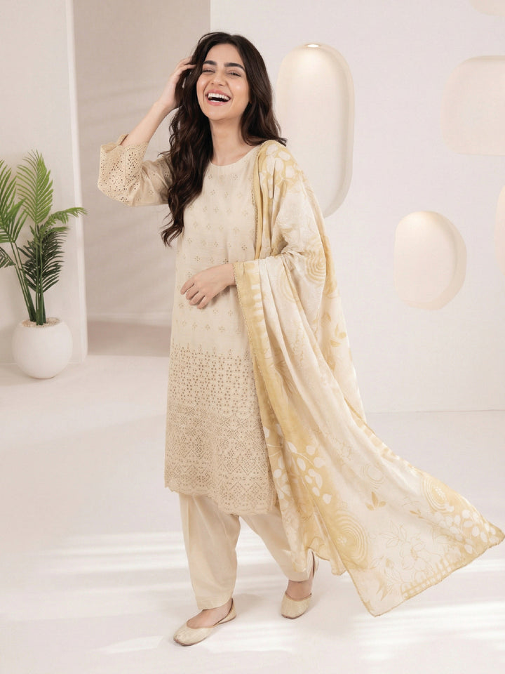 Oaks - ChickenKaari Unstitch Suit For Women - Beige - 3 Piece - Studio by TCS