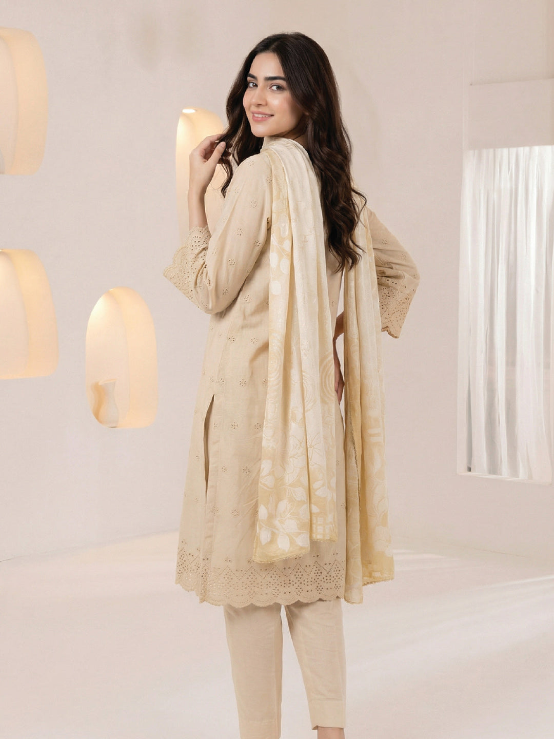 Oaks - ChickenKaari Unstitch Suit For Women - Beige - 3 Piece - Studio by TCS