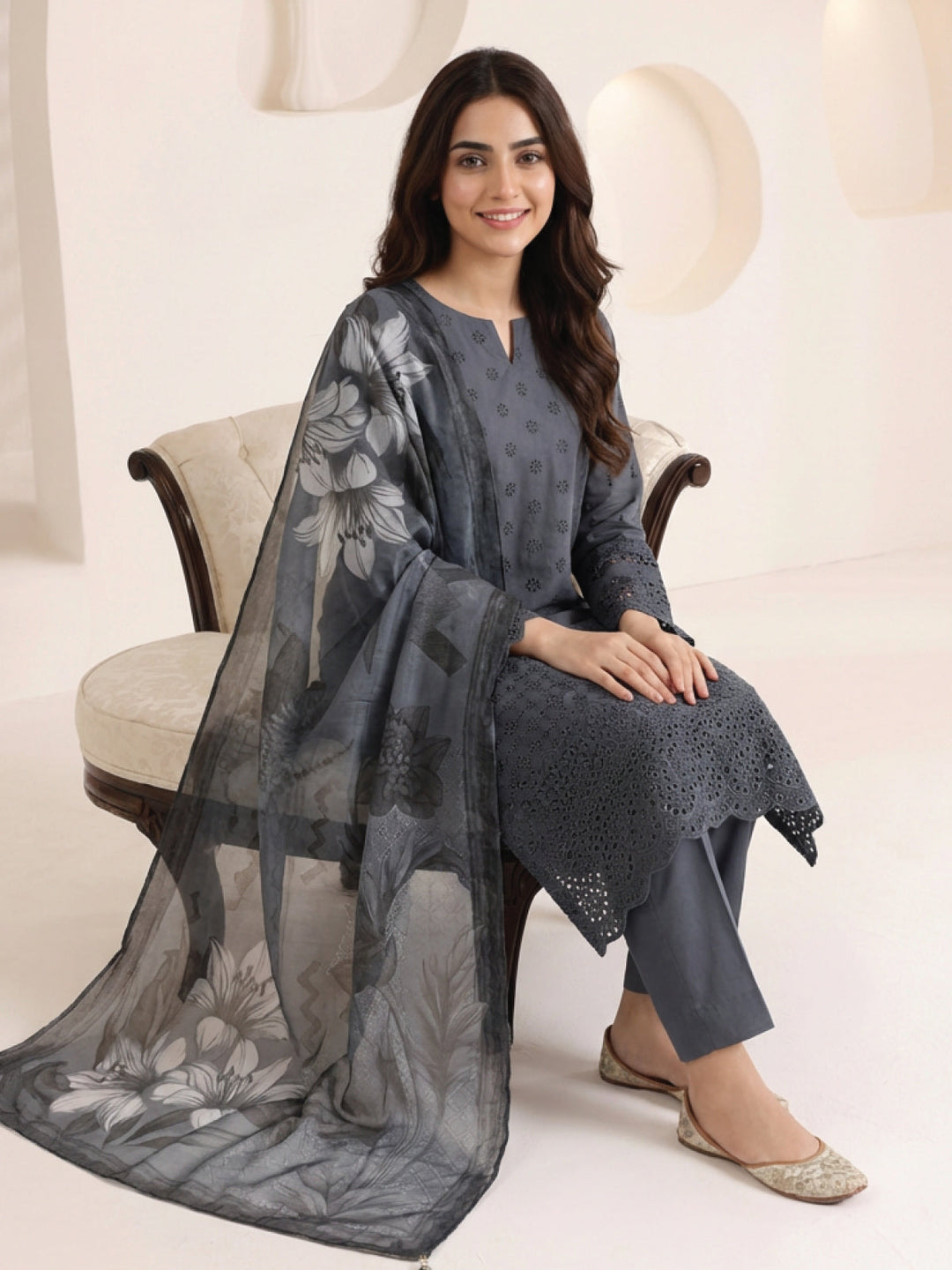 Oaks - ChickenKaari Unstitch Suit For Women - Dark Grey - 3 Piece - Studio by TCS