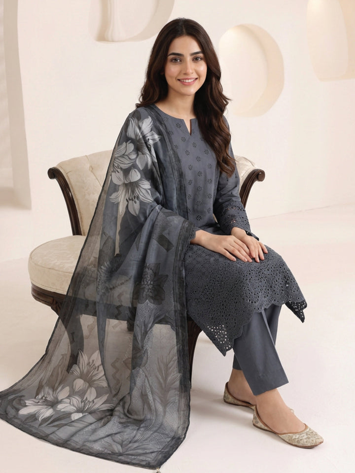 Oaks - ChickenKaari Unstitch Suit For Women - Dark Grey - 3 Piece - Studio by TCS
