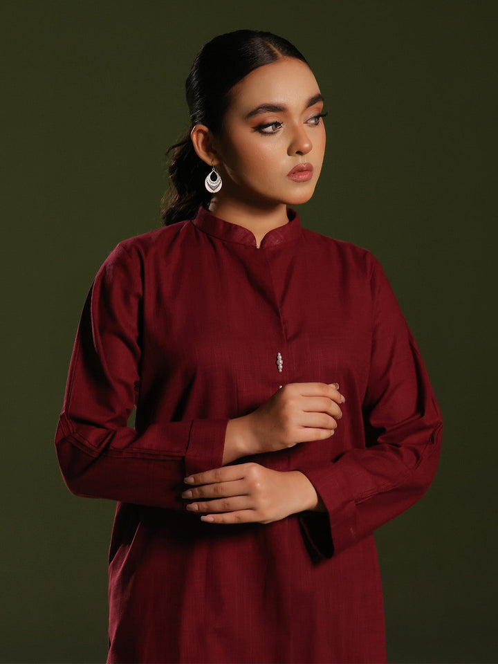 Oaks - Solid Pret Shirt Trouser Khaddar Maroon  - 2 Piece