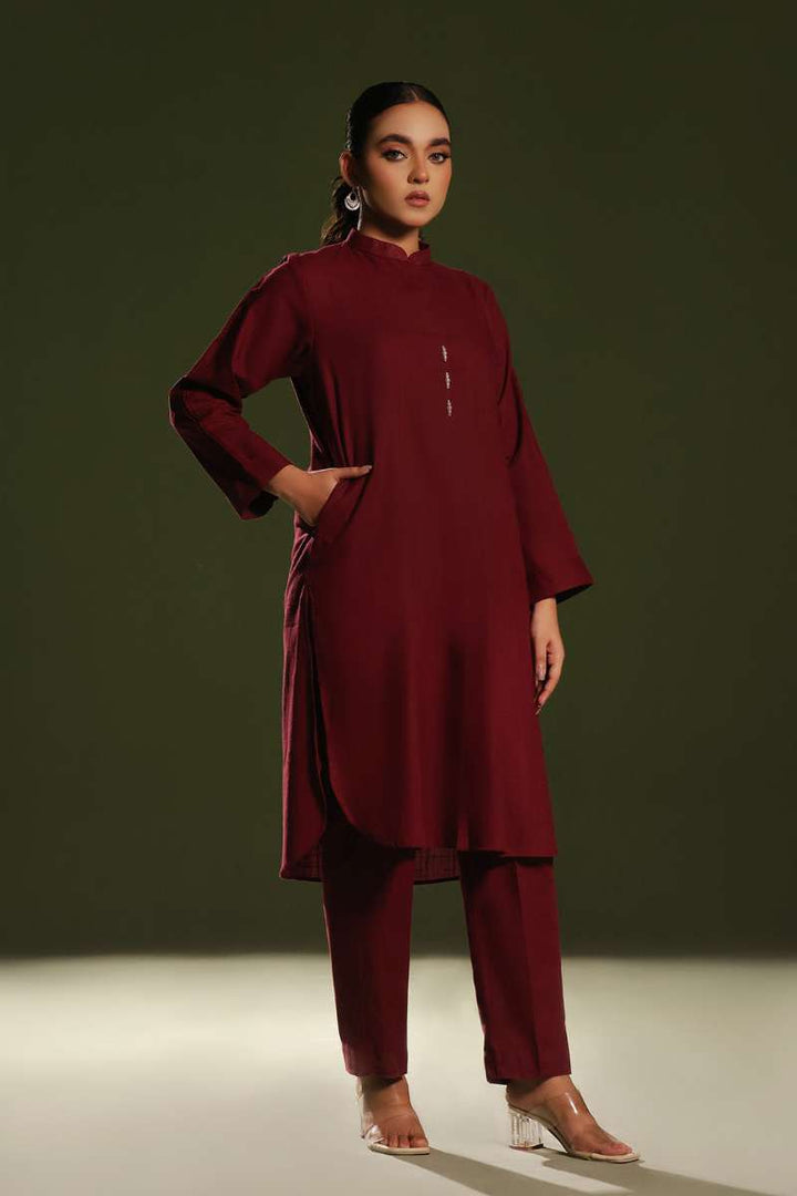Oaks - Solid Pret Shirt Trouser Khaddar Maroon  - 2 Piece