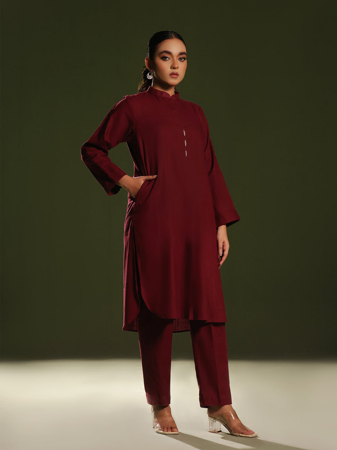 Oaks - Solid Pret Shirt Trouser Khaddar Maroon  - 2 Piece