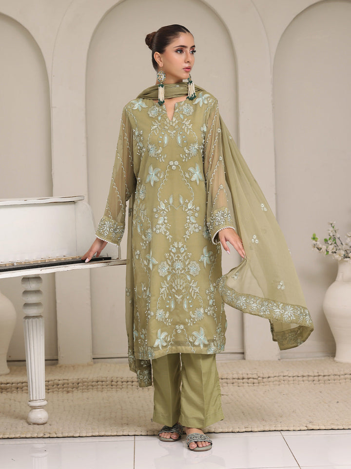 Oaks - Chiffon Embroidered Pret Suit For Women - Green - 3 Piece
