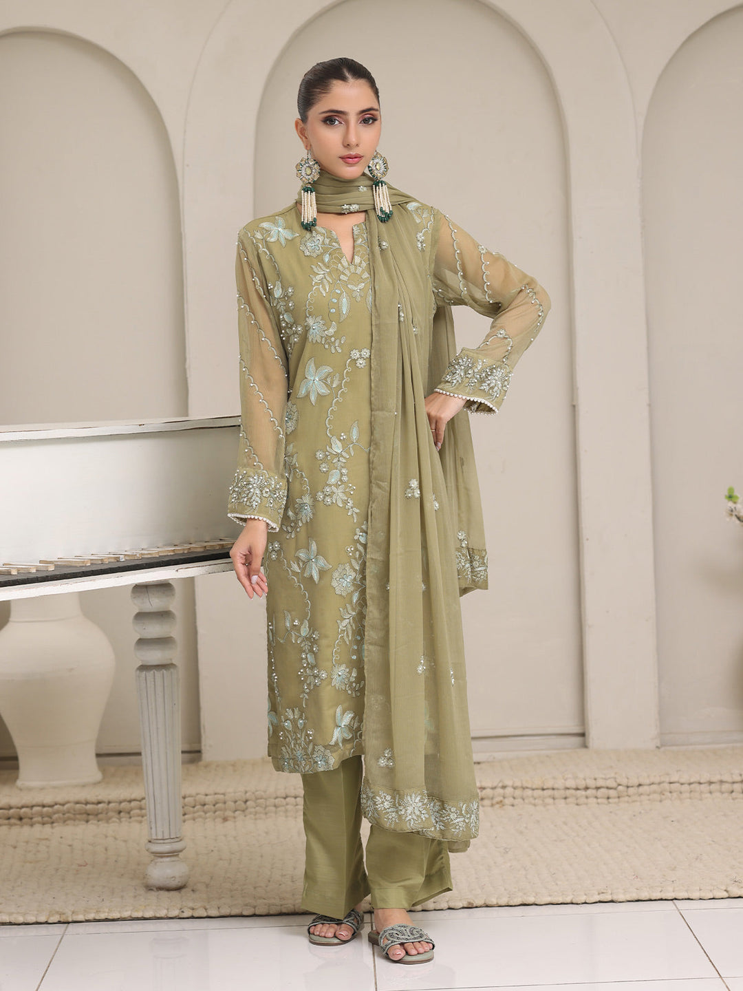 Oaks - Chiffon Embroidered Pret Suit For Women - Green - 3 Piece