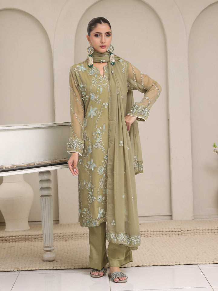 Oaks - Chiffon Embroidered Pret Suit For Women - Green - 3 Piece