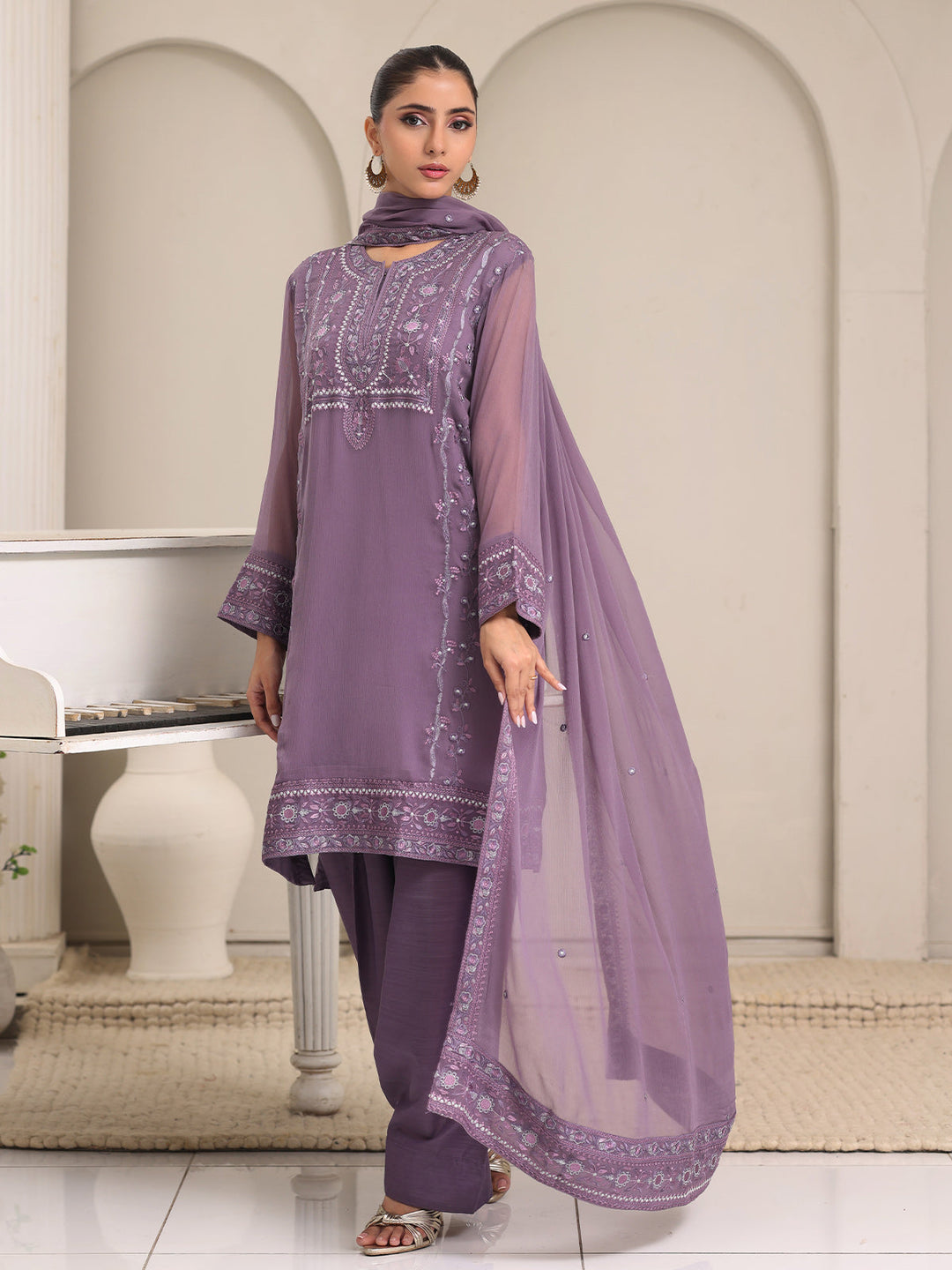 Oaks - Chiffon Embroidered Pret Suit For Women - Purple - 3 Piece