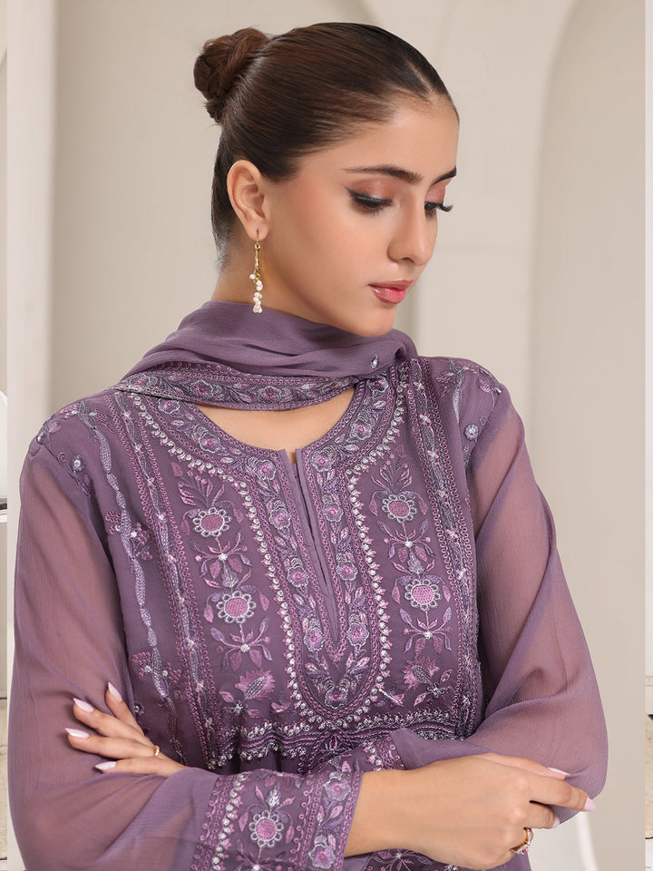 Oaks - Chiffon Embroidered Pret Suit For Women - Purple - 3 Piece