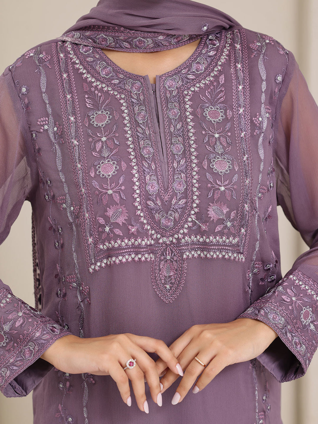 Oaks - Chiffon Embroidered Pret Suit For Women - Purple - 3 Piece