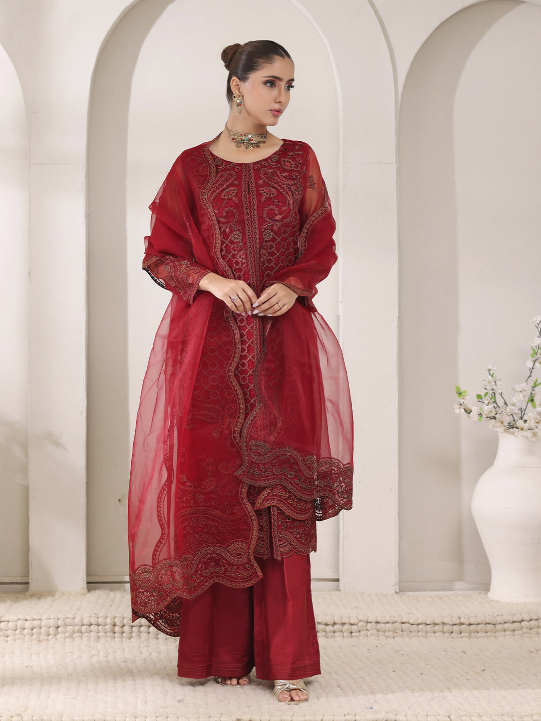 Oaks - Organza Embroidered Pret Suit For Women - Maroon - 3 Piece