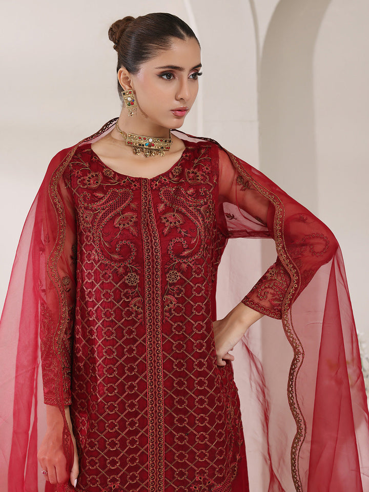 Oaks - Organza Embroidered Pret Suit For Women - Maroon - 3 Piece