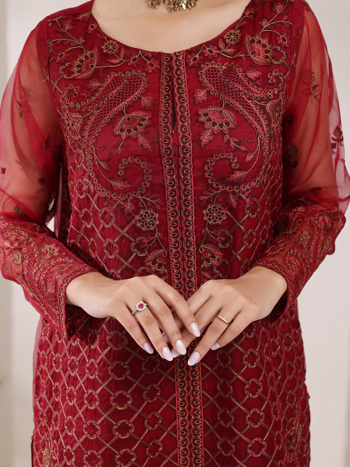 Oaks - Organza Embroidered Pret Suit For Women - Maroon - 3 Piece
