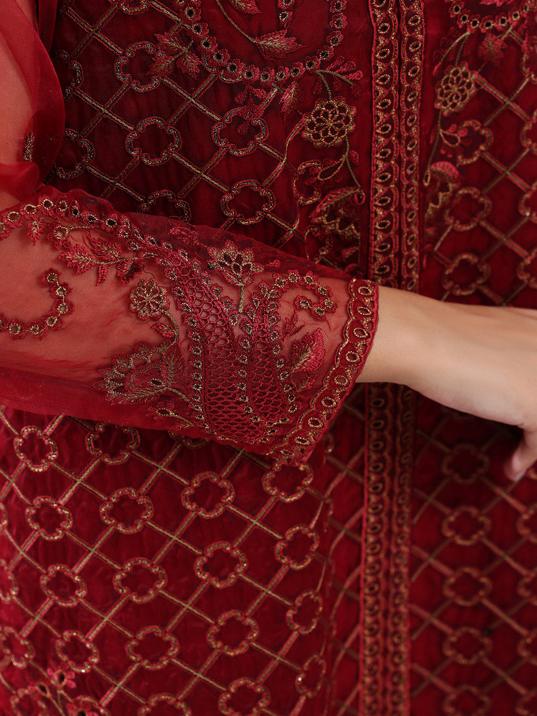 Oaks - Organza Embroidered Pret Suit For Women - Maroon - 3 Piece