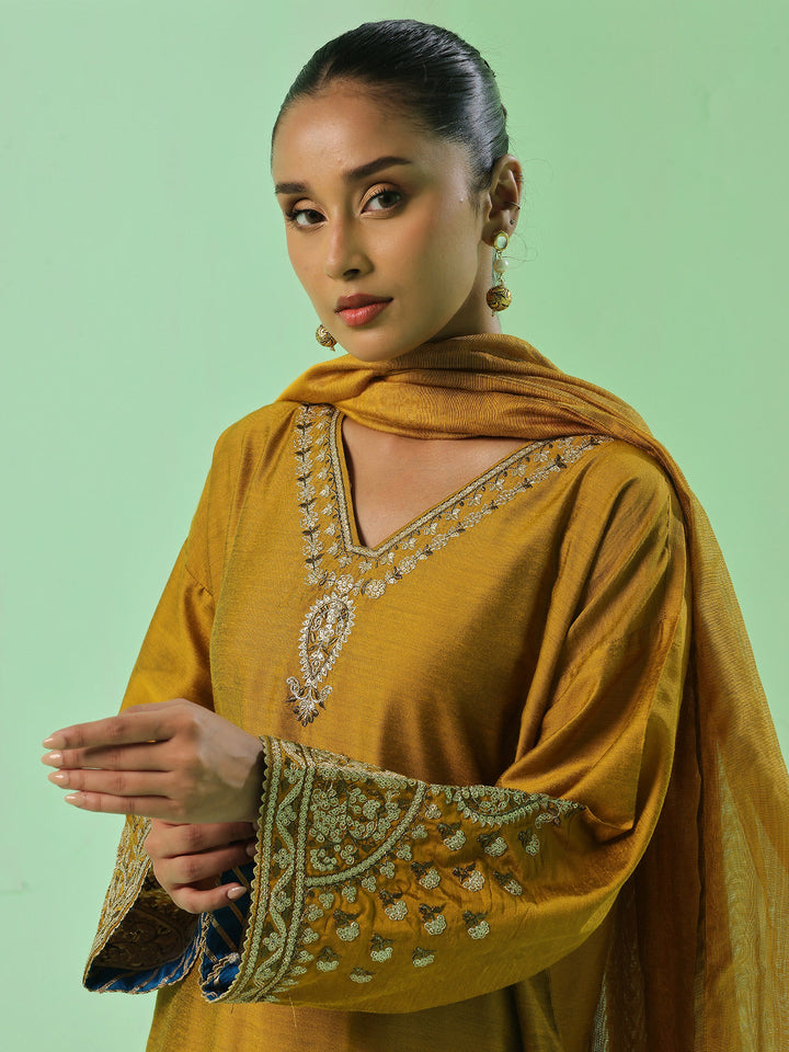 Oaks - Cotton Silk Embroidered Pret Suit For Women - Mustard - 3 Piece