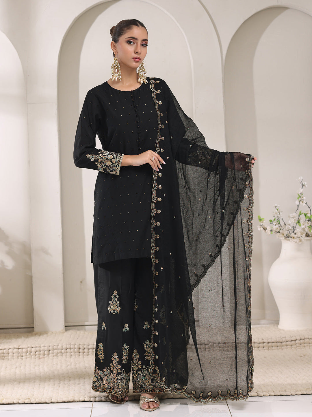 Oaks - Jacquard Embroidered Pret Suit For Women - Black - 3 Piece