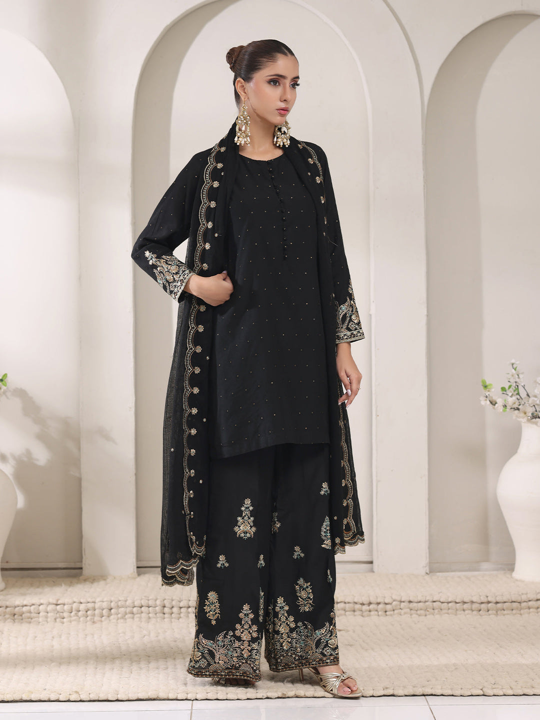 Oaks - Jacquard Embroidered Pret Suit For Women - Black - 3 Piece