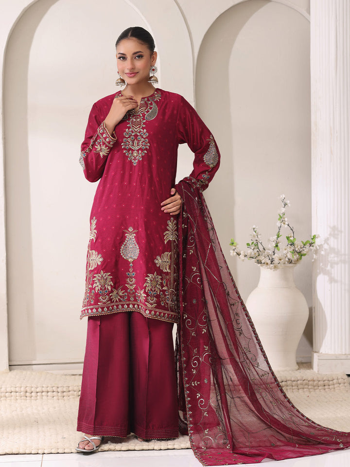 Oaks - Jacquard Embroidered Pret Suit For Women - Magenta - 3 Piece