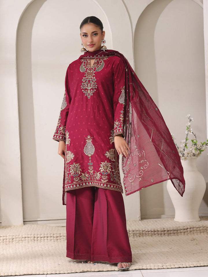 Oaks - Jacquard Embroidered Pret Suit For Women - Magenta - 3 Piece