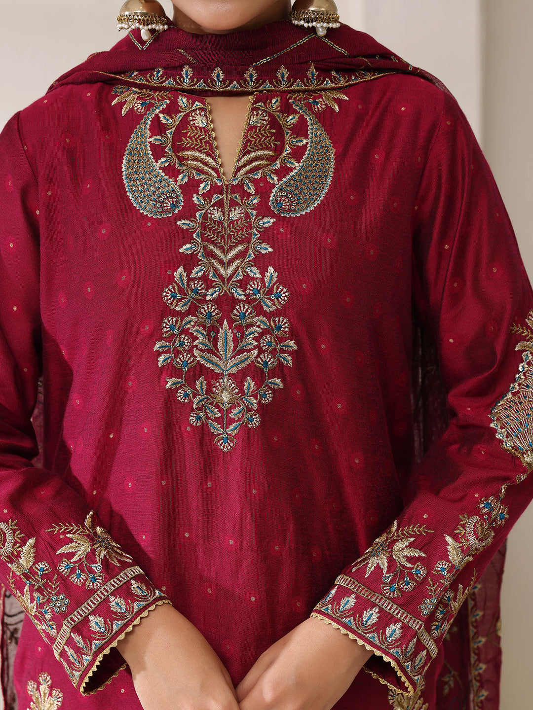 Oaks - Jacquard Embroidered Pret Suit For Women - Magenta - 3 Piece