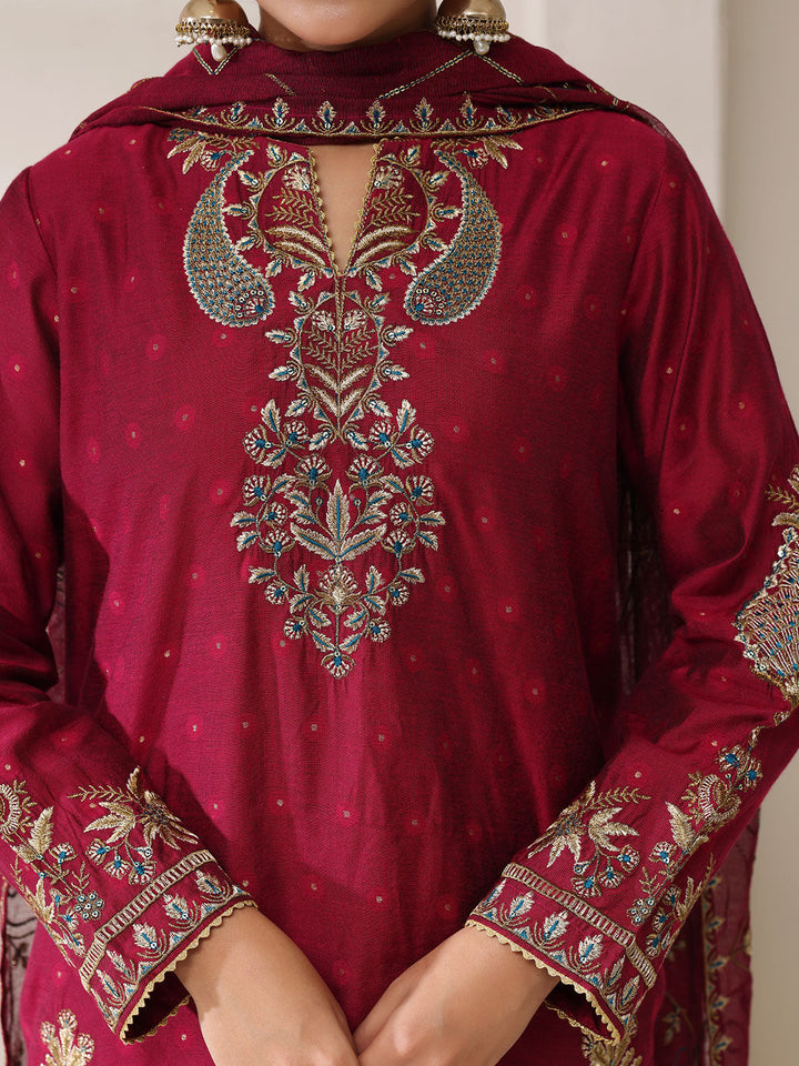 Oaks - Jacquard Embroidered Pret Suit For Women - Magenta - 3 Piece