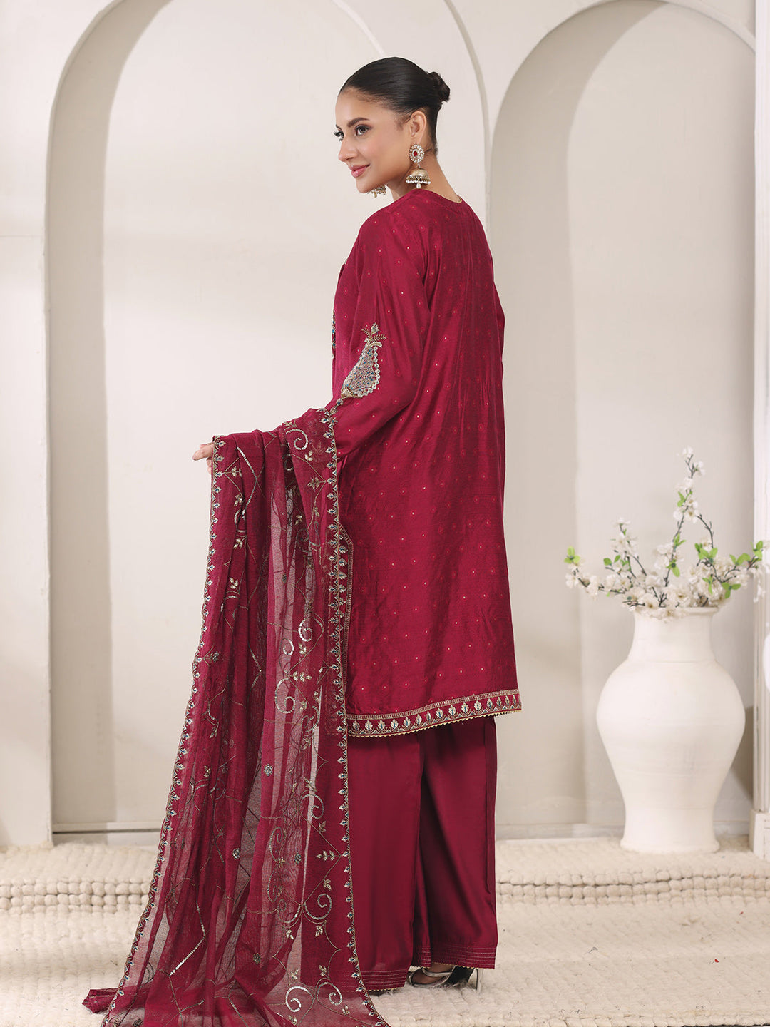 Oaks - Jacquard Embroidered Pret Suit For Women - Magenta - 3 Piece