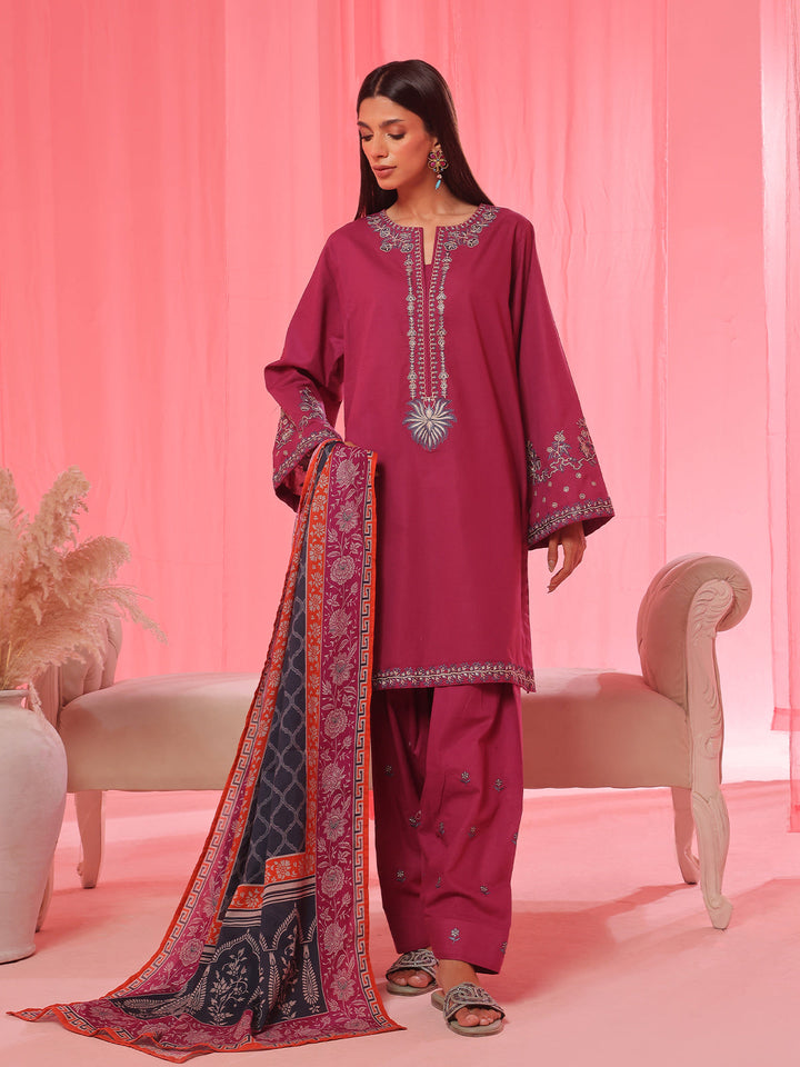 Oaks - Cambric Embroidered Pret Suit For Women - Magenta - 3 Piece