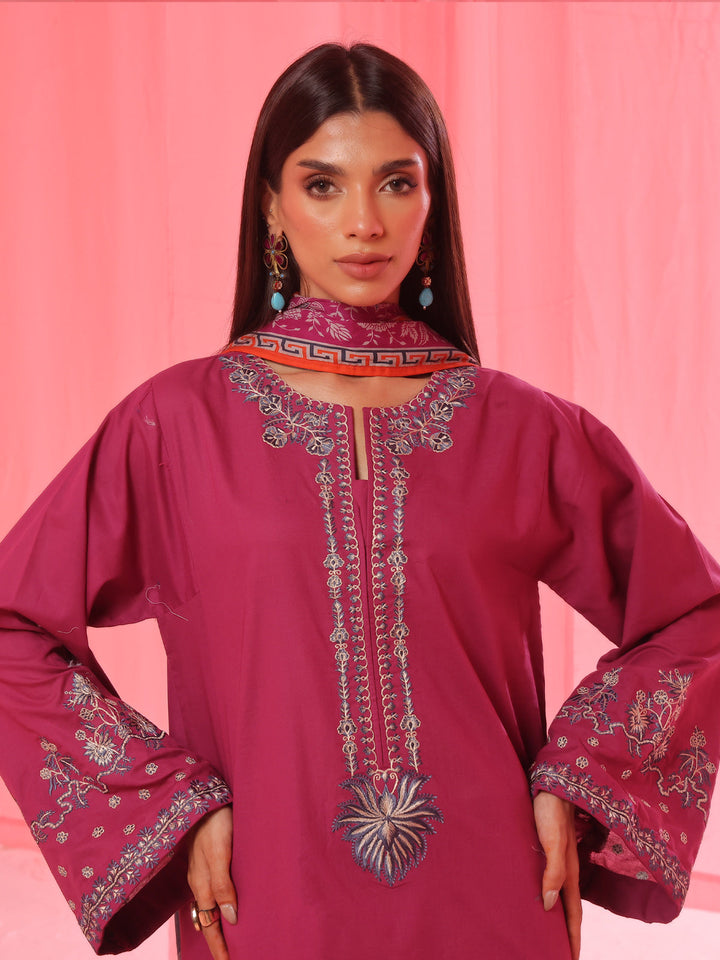 Oaks - Cambric Embroidered Pret Suit For Women - Magenta - 3 Piece