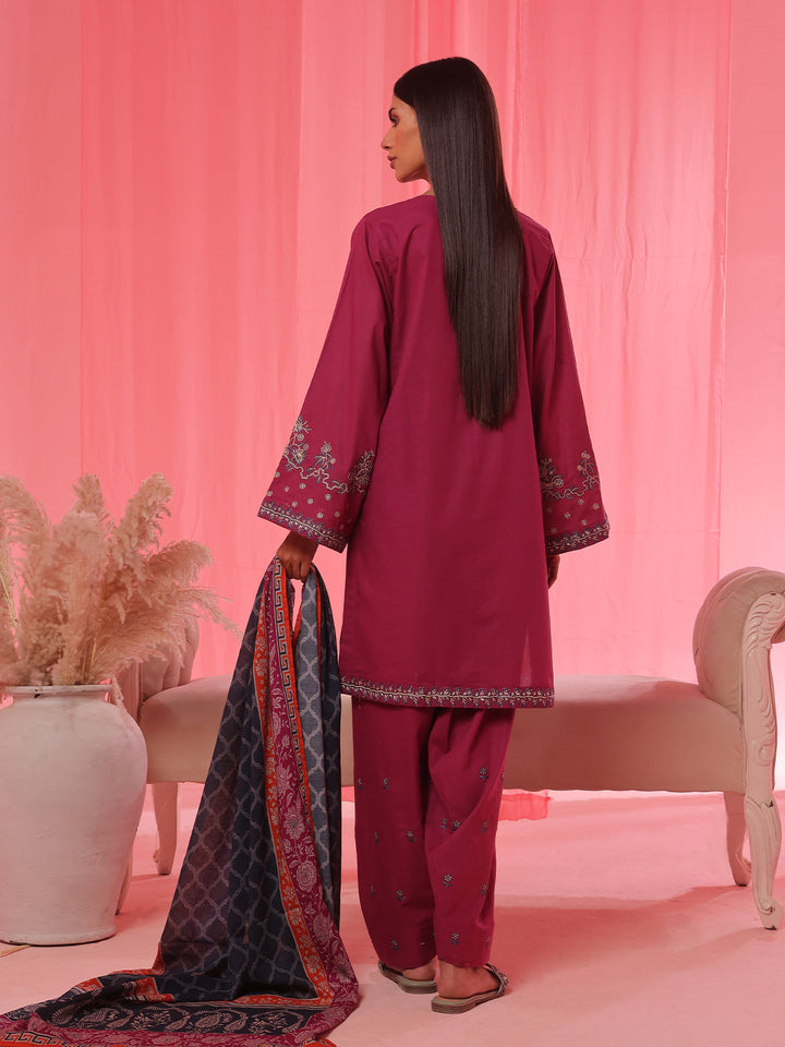 Oaks - Cambric Embroidered Pret Suit For Women - Magenta - 3 Piece