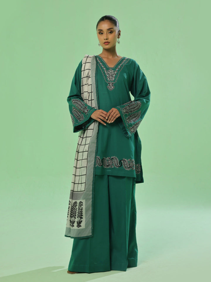 Oaks - Cambric Embroidered Pret Suit For Women - Green - 3 Piece