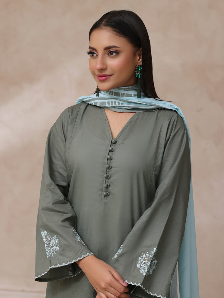 Oaks - Cambric Embroidered Pret Suit For Women - Dark Grey - 3 Piece